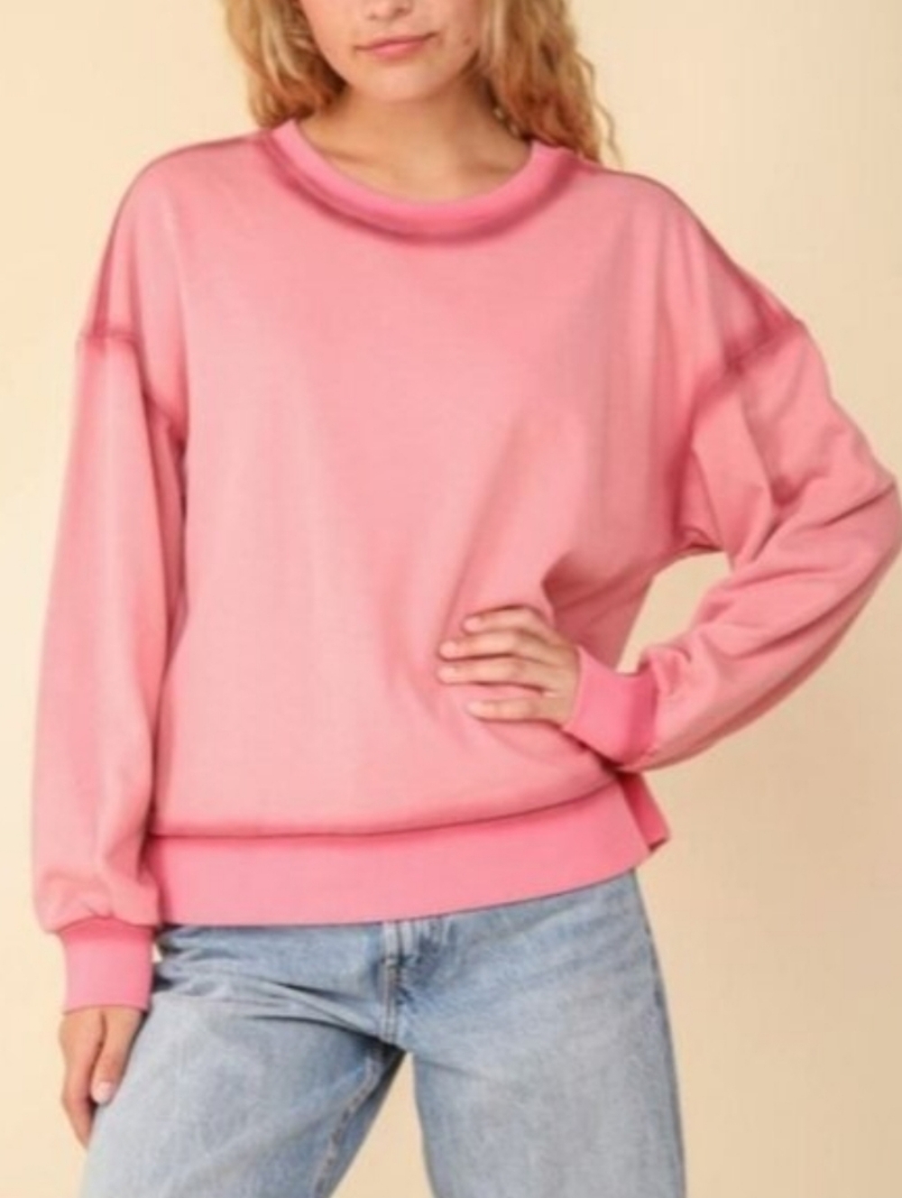 Plus Rose Pink Crewneck Sweatshirt Contrast Stitching Oversized Size 2X